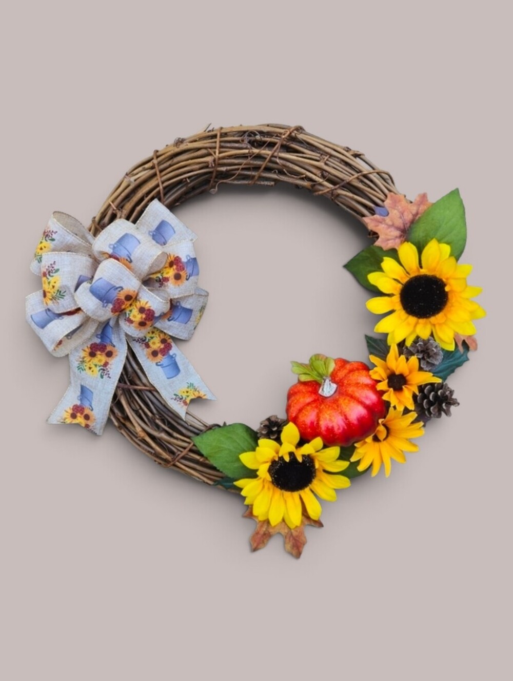Handmade Autumn Grapevine Wreath with Sunflowers and Pumpkin